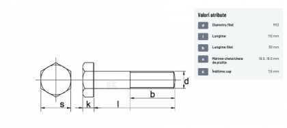 93112110109B Șurub cap hexagonal filet parțial DIN931 M12x1,75x110mm filet 30mm oțel grupa 10.9