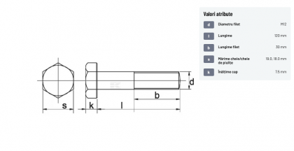 93112120109B Șurub cap hexagonal filet parțial DIN931 M12x1,75x120mm filet 30mm oțel grupa 10.9