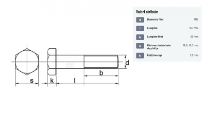 93112150109B Șurub cap hexagonal filet parțial DIN931 M12x1,75x150mm filet 36mm oțel grupa 10.9