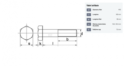 93112160109B Șurub cap hexagonal filet parțial DIN931 M12x1,75x160mm filet 36mm oțel grupa 10.9