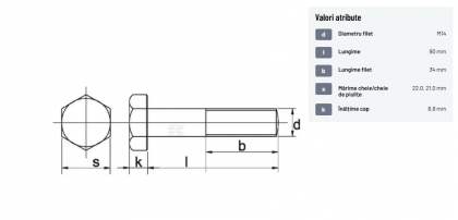 9311490109B Șurub cap hexagonal filet parțial DIN931 M14x2x90mm filet 34mm oțel grupa 10.9