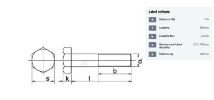 93114120109B Șurub cap hexagonal filet parțial DIN931 M14x2x120mm filet 34mm oțel grupa 10.9