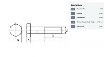 9311670109B Șurub cap hexagonal filet parțial DIN931 M16x2x70mm filet 38mm oțel grupa 10.9