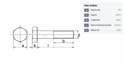 9311680109B Șurub cap hexagonal filet parțial DIN931 M16x2x80mm filet 38mm oțel grupa 10.9