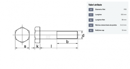 93116100109B Șurub cap hexagonal filet parțial DIN931 M16x2x100mm filet 38mm oțel grupa 10.9