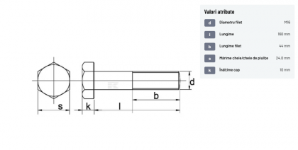 93116160109B Șurub cap hexagonal filet parțial DIN931 M16x2x160mm filet 44mm oțel grupa 10.9