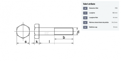 93116180109B Șurub cap hexagonal filet parțial DIN931 M16x2x180mm filet 44mm oțel grupa 10.9