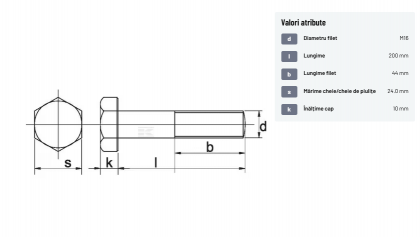93116200109B Șurub cap hexagonal filet parțial DIN931 M16x2x200mm filet 44mm oțel grupa 10.9