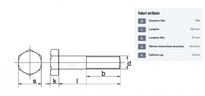 93116250109B Șurub cap hexagonal filet parțial DIN931 M16x2x250mm filet 57mm oțel grupa 10.9