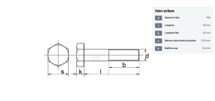 93118110109B Șurub cap hexagonal filet parțial DIN931 M18x2,5x110mm filet 42mm oțel grupa 10.9