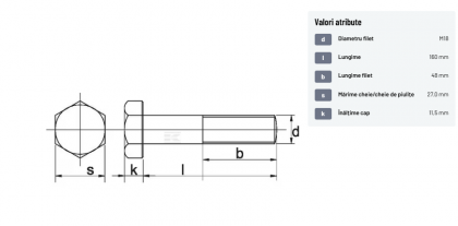93118160109B Șurub cap hexagonal filet parțial DIN931 M18x2,5x160mm filet 48mm oțel grupa 10.9